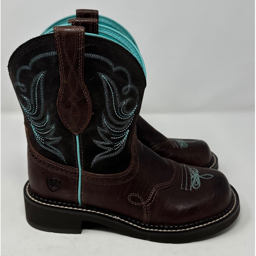Ariat Brown Leather Western Ankle Boot with Teal Stitching - Picture 5 of 13